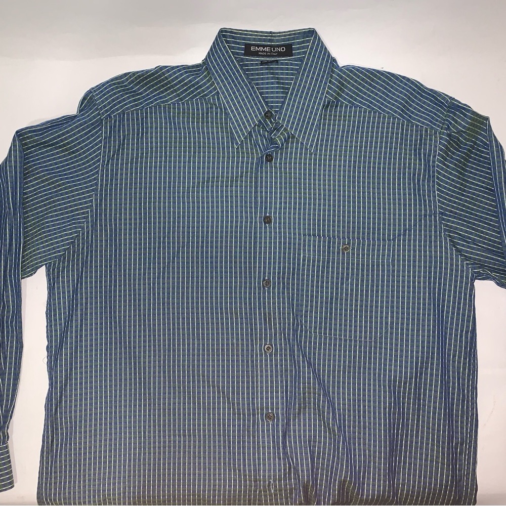 Emme Uno Shirt Mens L Blue Pinstriped Cotton Button Down Collar Made In Italy